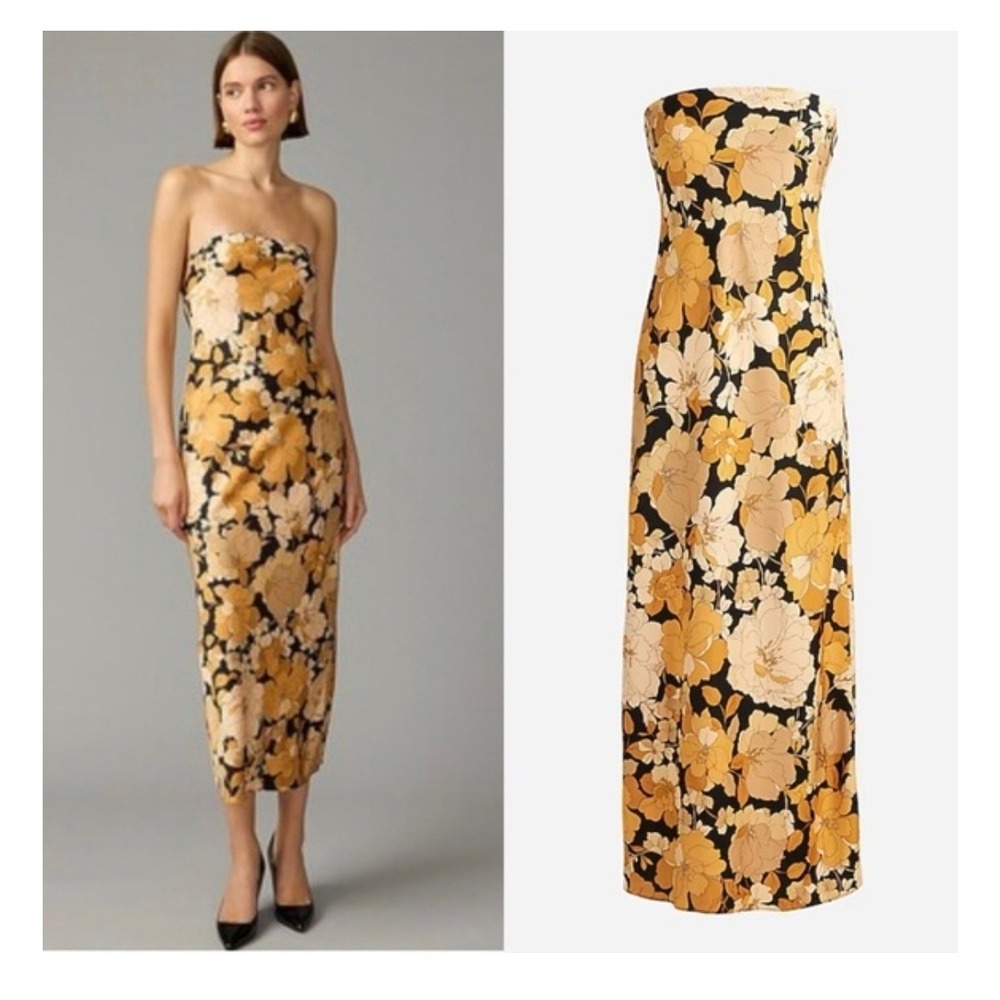 J.Crew Collection Floral Silk Maxi Dress Womens 8 Yellow Strapless